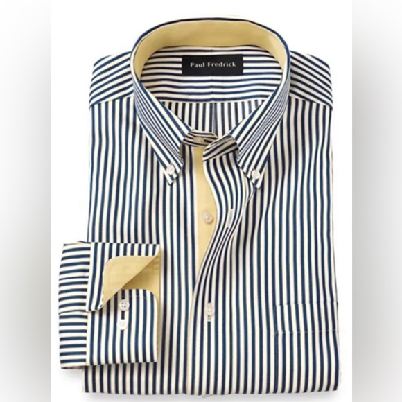 Paul Fredrick Non-iron Cotton Stripe Dress Shirt With Contrast Trim - Picture 1 of 14